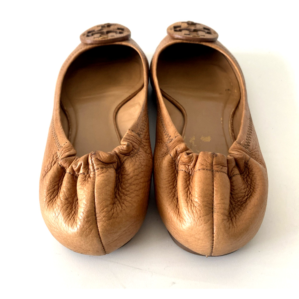 TORY BURCH Classic Minnie Ballet Flat Brown Leather Logo Slip On Round Toe Tan 9 - Picture 7 of 9